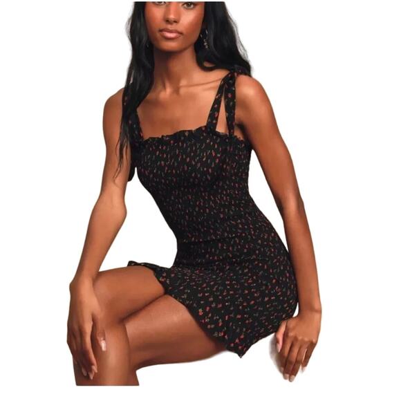 Free People Bella Black Floral Print Smocked Tie Strap Bodycon Mini Dress, Small - Picture 5 of 5